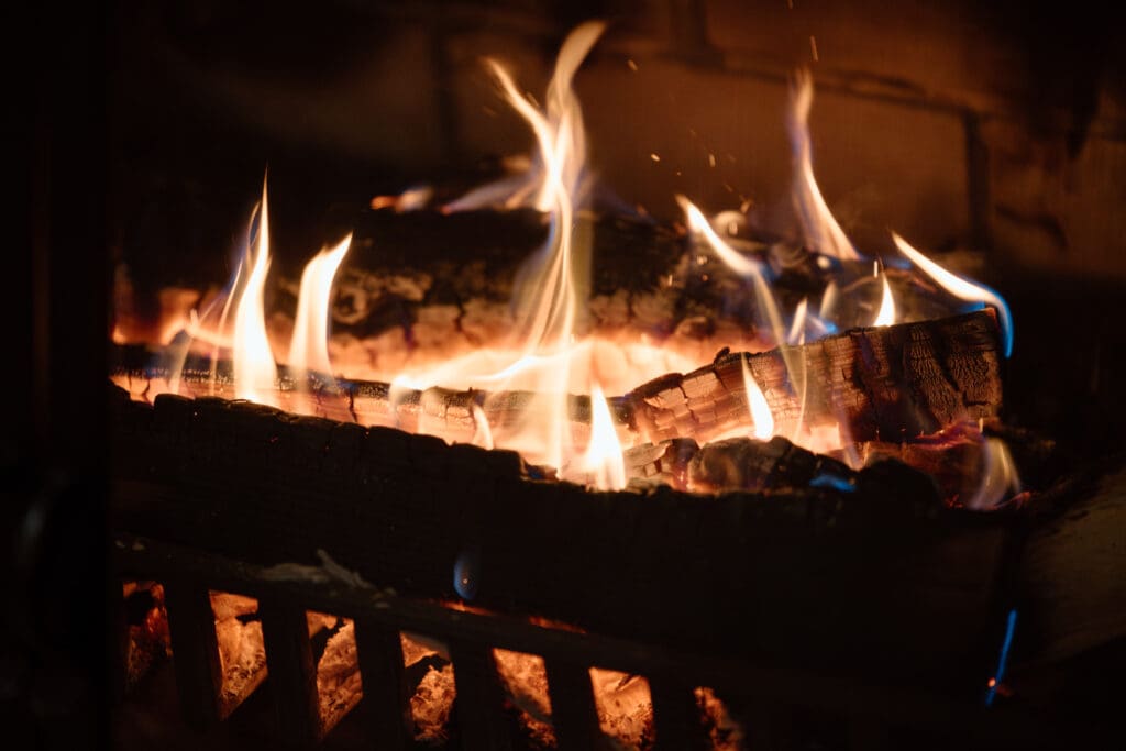 Fire in a fireplace.