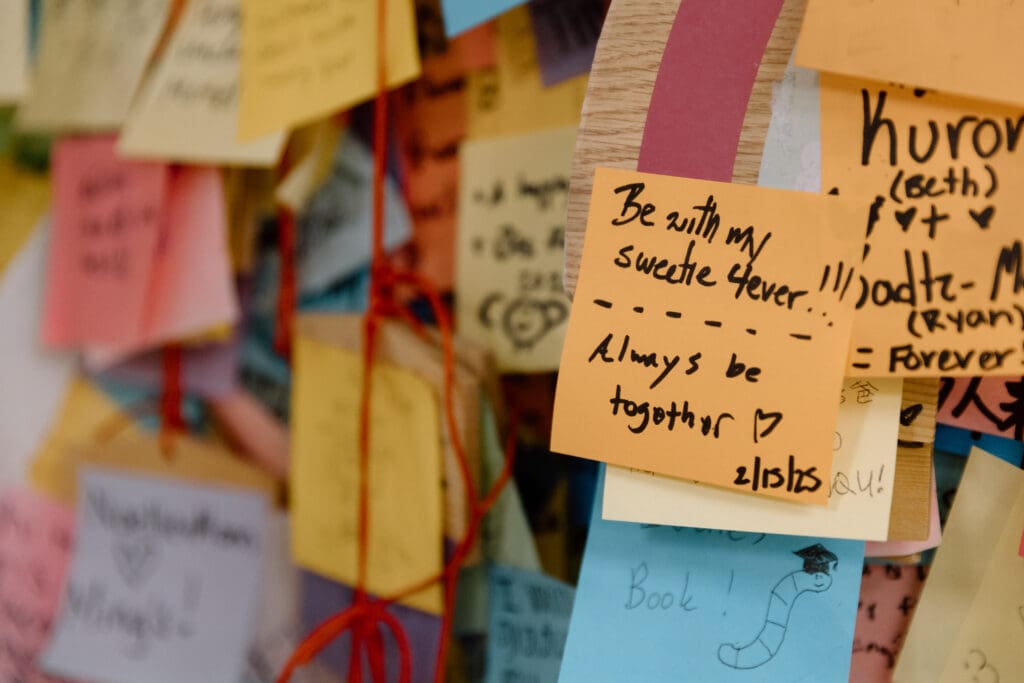 Couple's wish hanging on wall of Ming's bubble tea.
