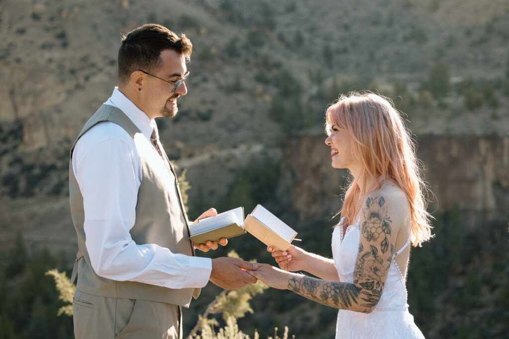 Couple saying vows at Smith Rock State Park in Oregon.