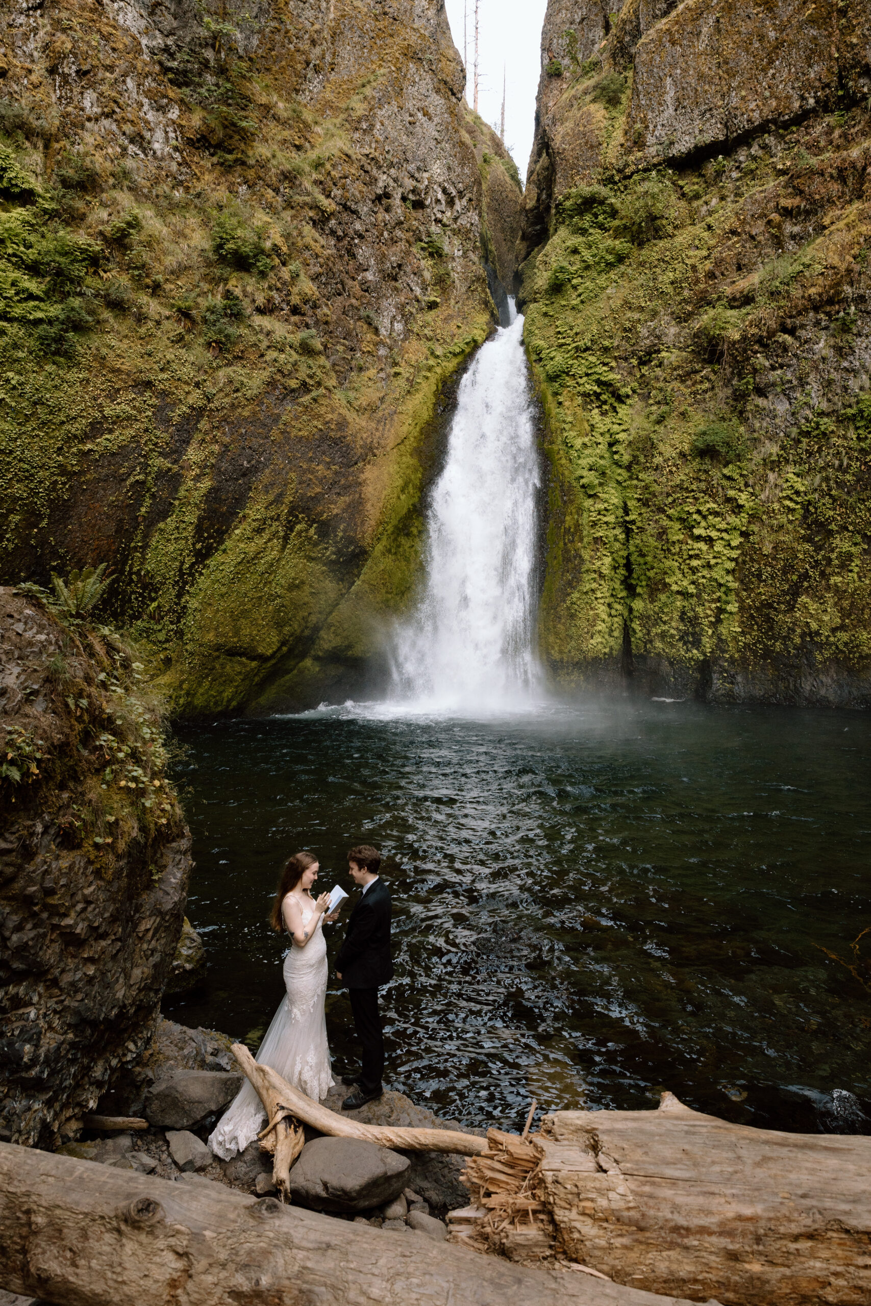 Couple saying their vows in front of a waterfall.