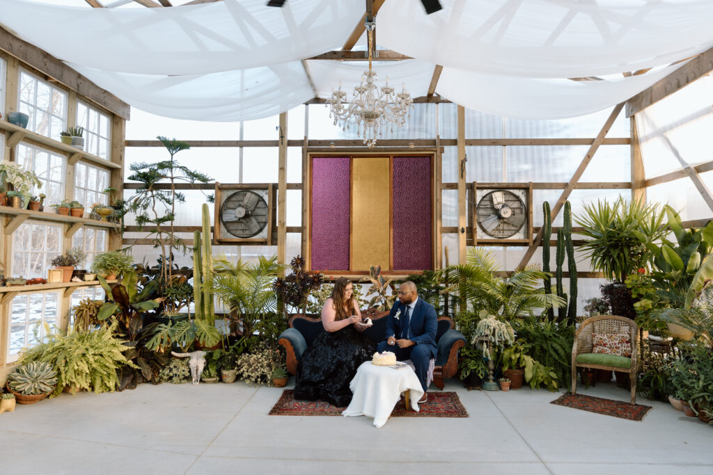 D & Q eating cake in the greenhouse.