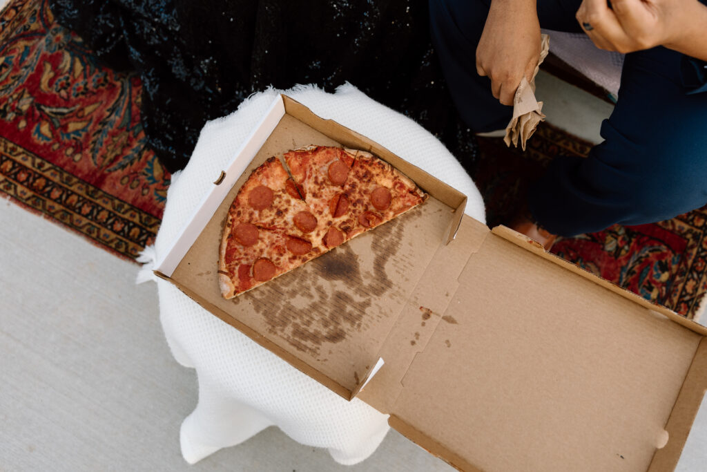 A half eaten pizza.