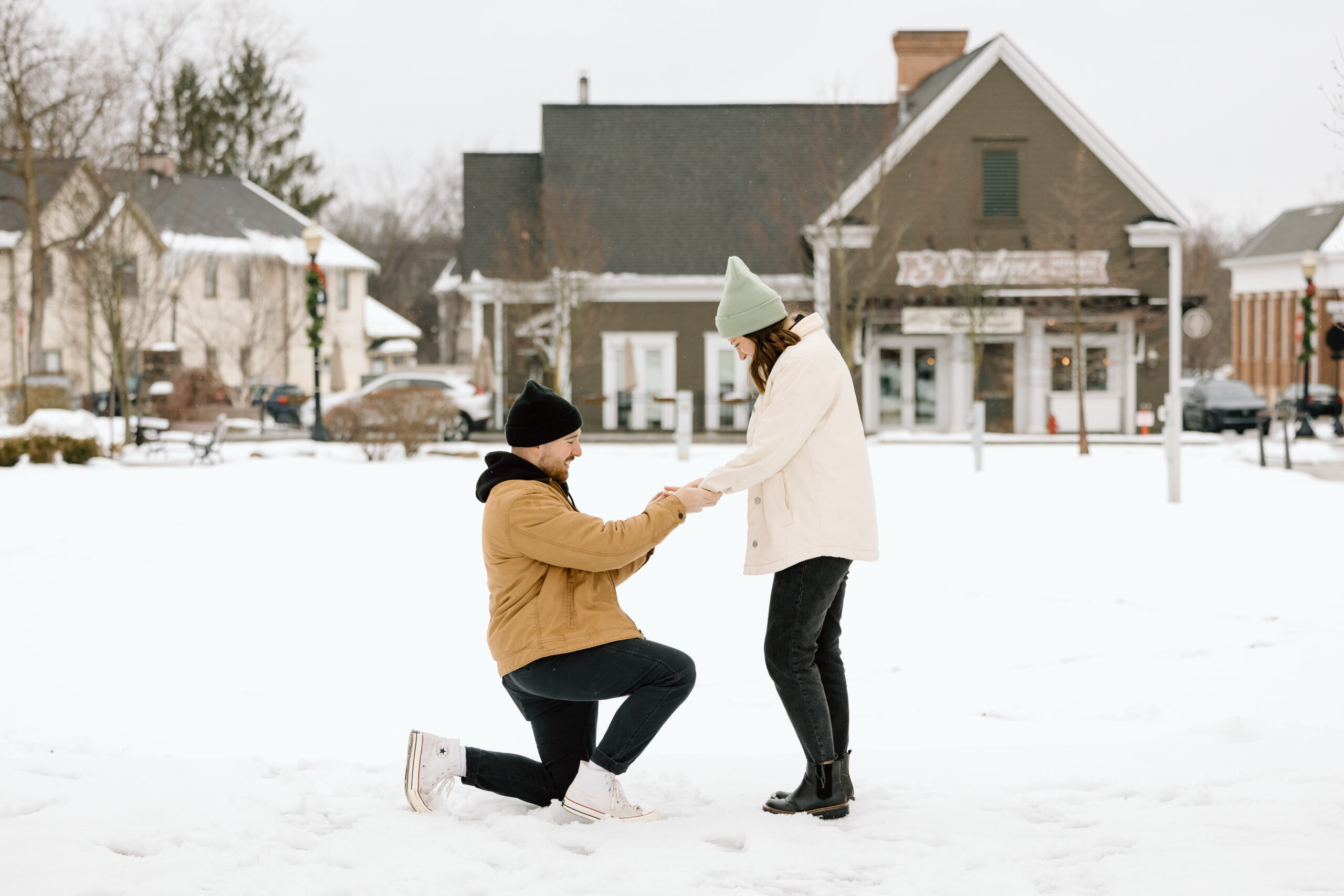 Man proposing to his girlfriend in downtown Hudson, Ohio