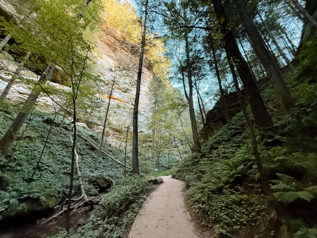 The Gorge Trail at Conkle's Hollow with towering cliffs to the left making it a scenic Ohio elopement location.