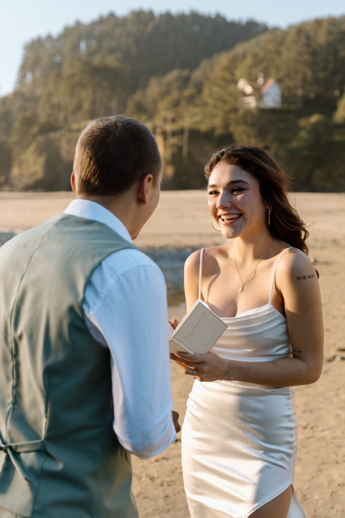 Bride's face as she is saying vows.
