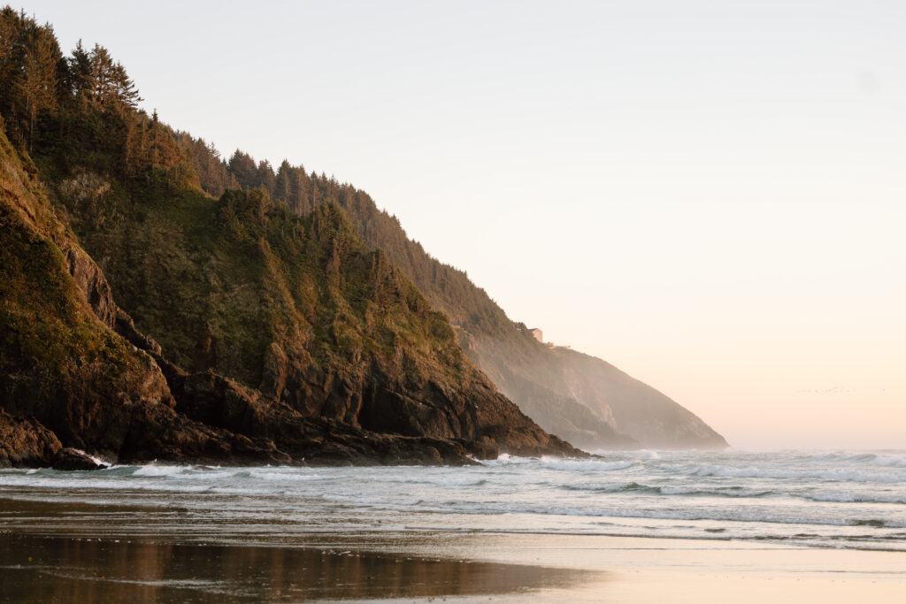 Cliffs at Heceta Head Beach at sunset.