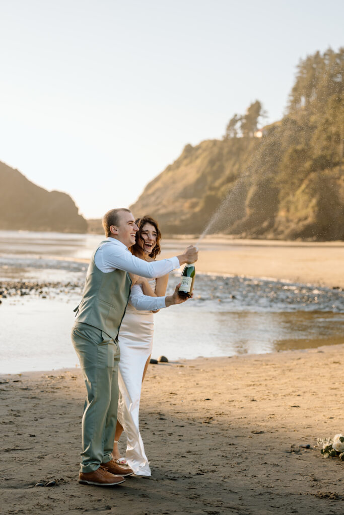 Groom spraying sparkling tea.
