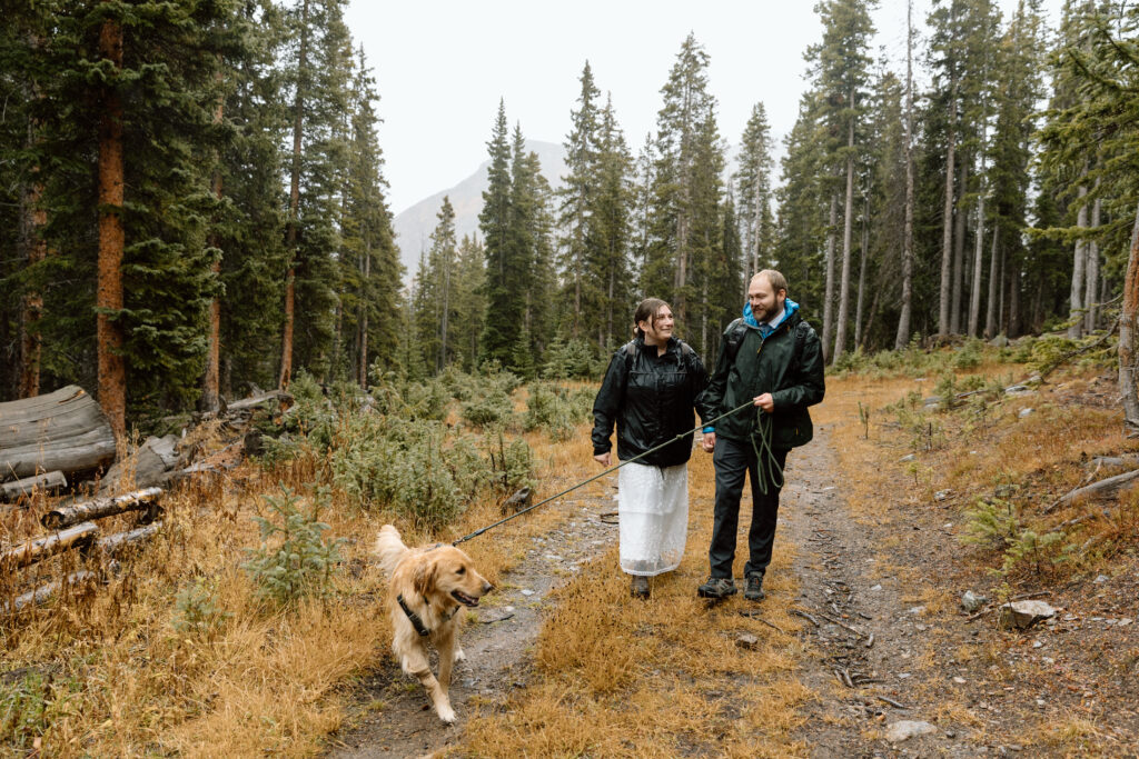 Eloping couple walking their dog in the Colorado mountains.