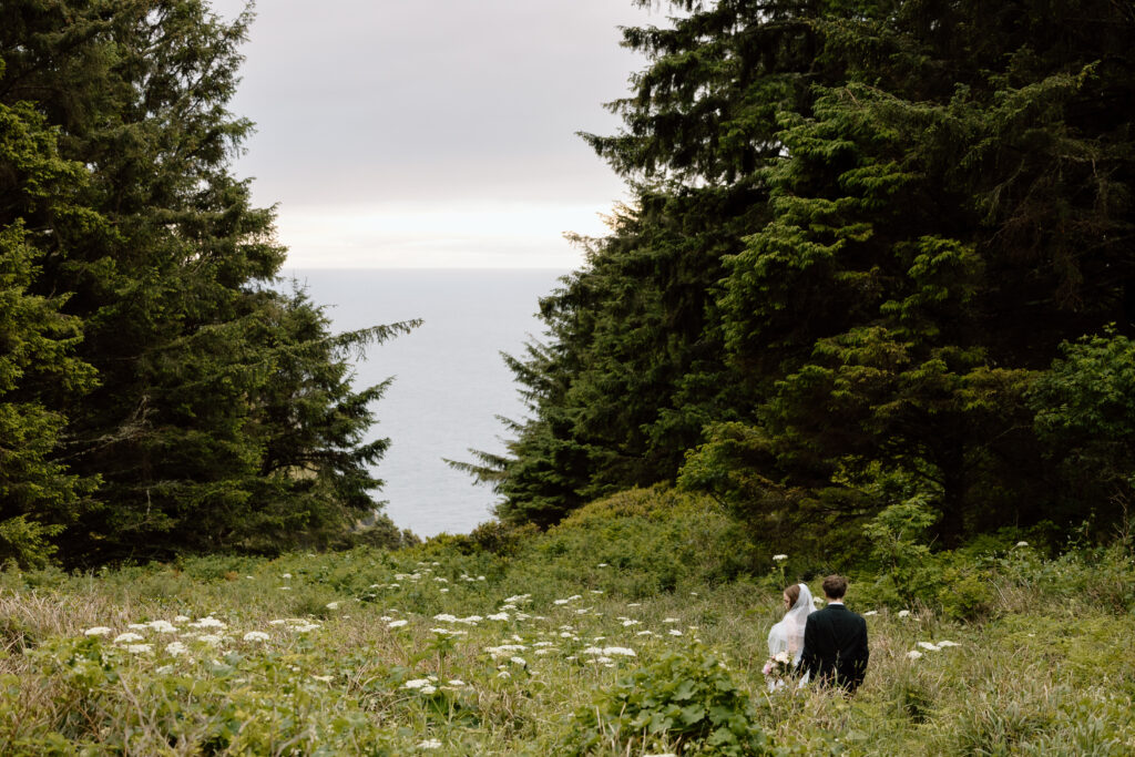 Couple walking through a meadow towards the coast.