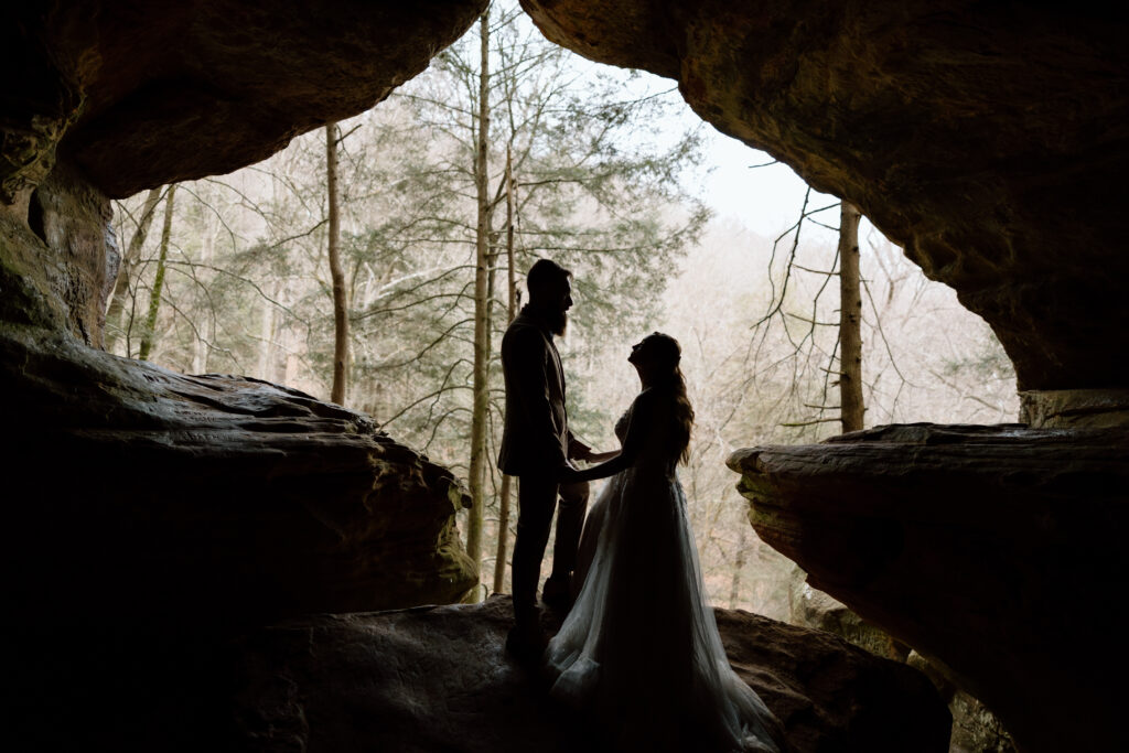 Elopement couple in Rock House in Hocking Hills.