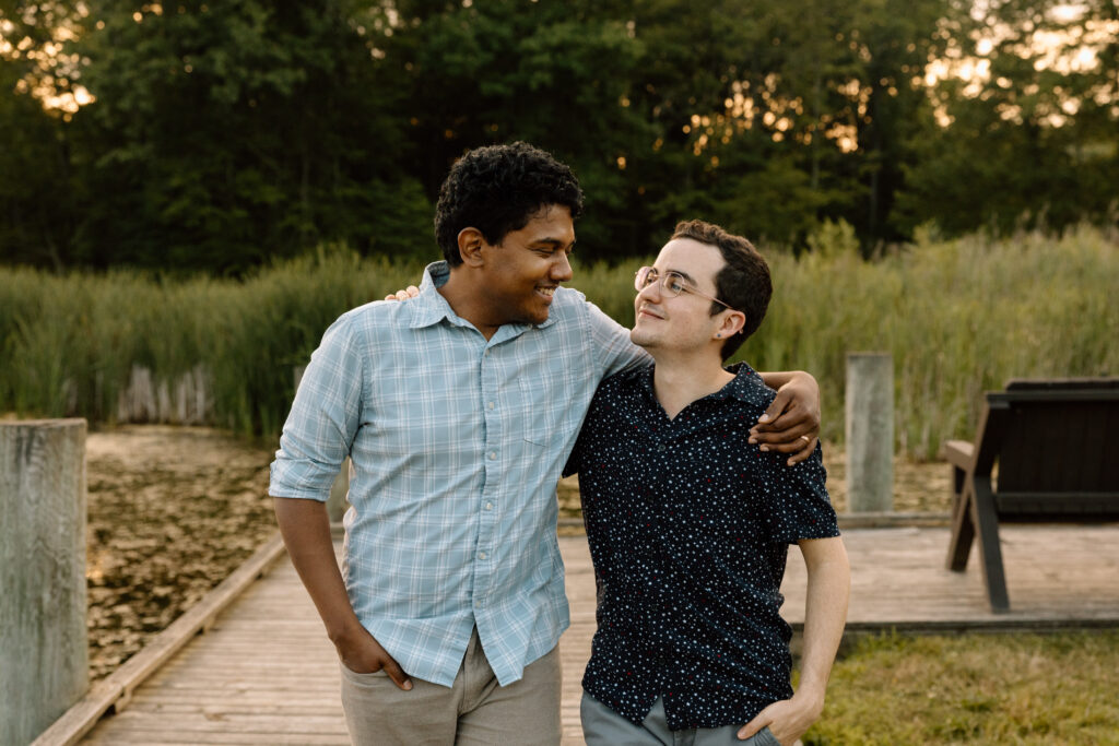 Couple embracing and walking.