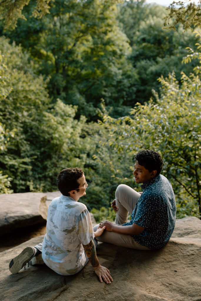 Couple sitting at the overlook at Ledges.