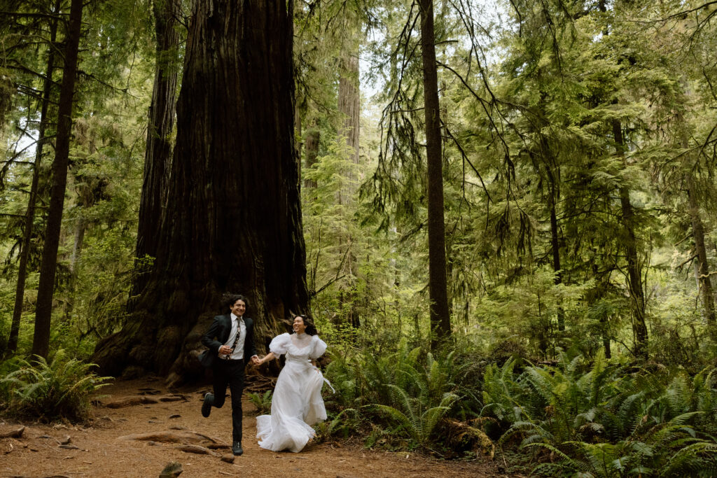 Couple running in the redwoods