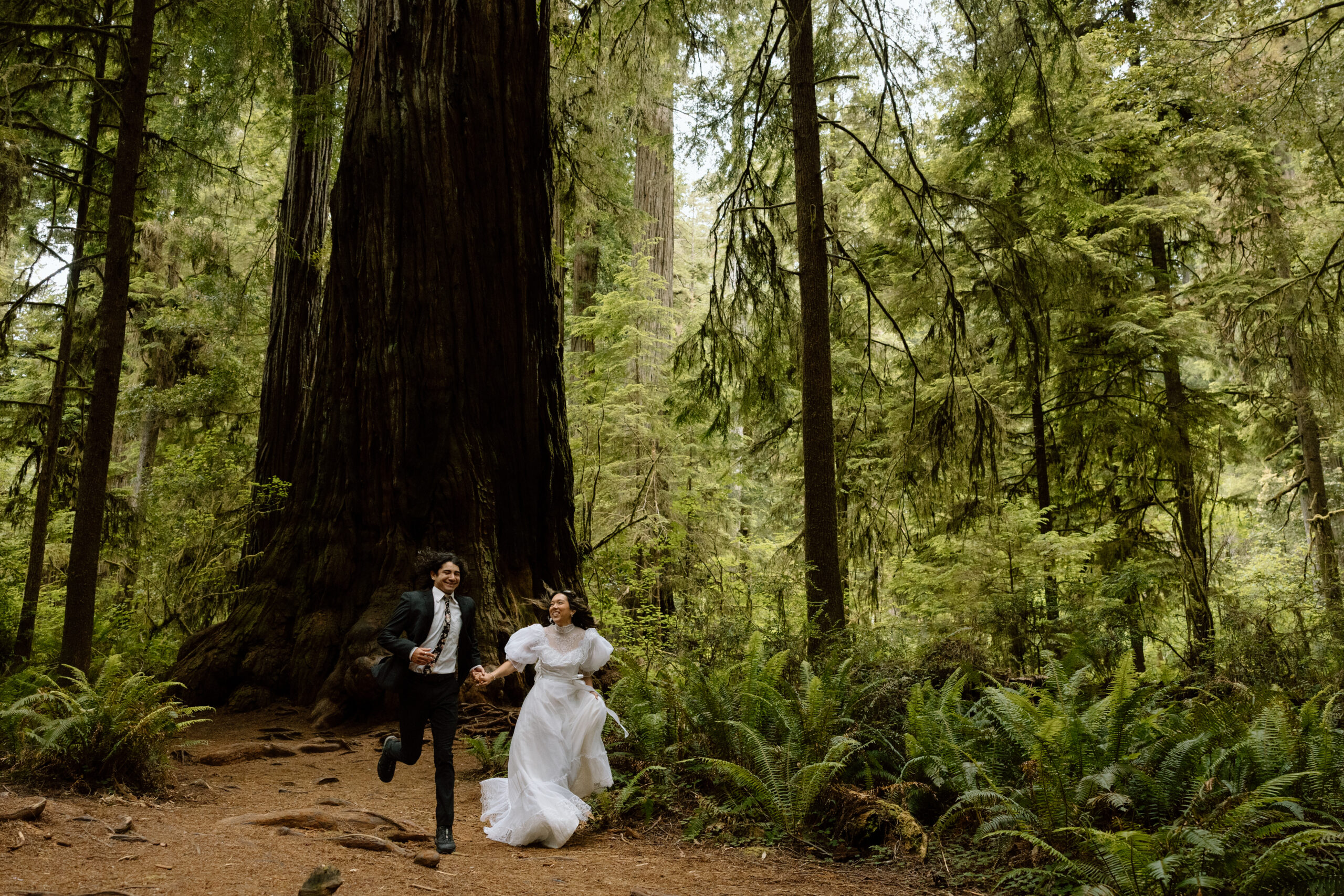 Couple running in the redwoods