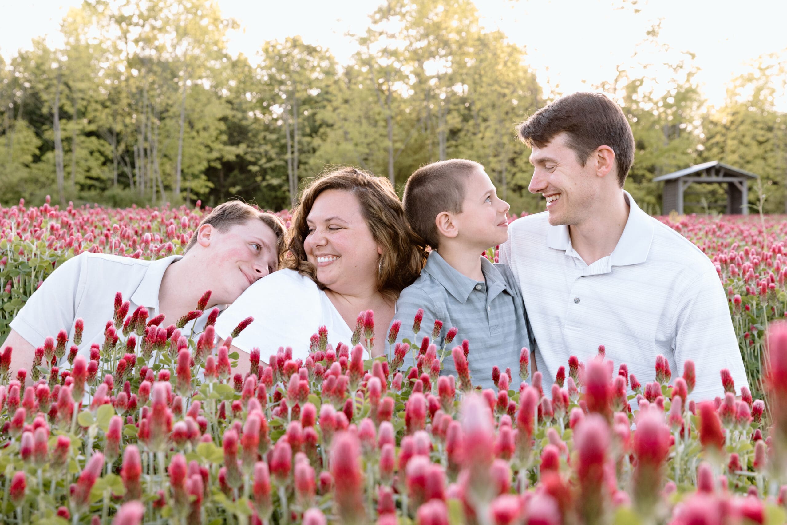 Family of four in a flower field.